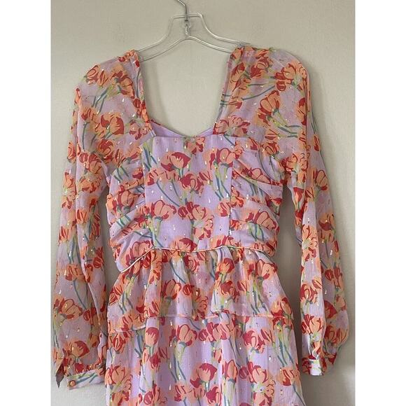BURU Lavender Floral Print MIDI Peplum Dress Metallic Trim Size XS Front To Back - Picture 5 of 7